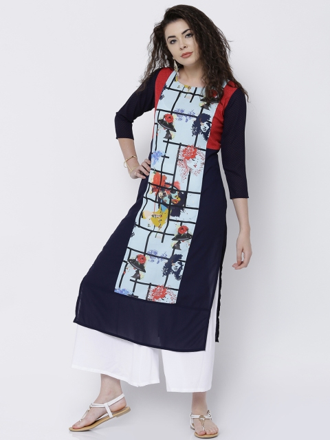 

Vishudh Women Navy Printed Straight Kurta, Navy blue