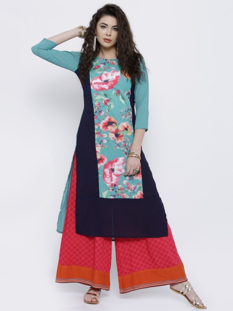 

Vishudh Women Turquoise Blue Printed Straight Kurta