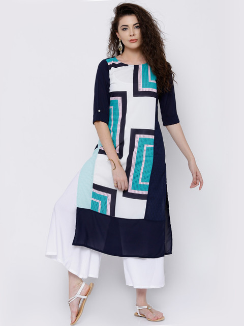 

Vishudh Women Navy Blue & White Printed Straight Kurta