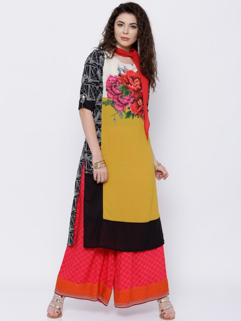 

Vishudh Women Black & Mustard Yellow Printed Straight Kurta