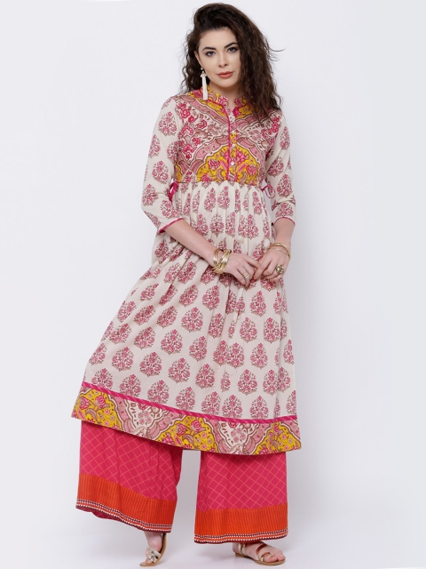 

Vishudh Women Off-White & Pink Printed Anarkali Kurta