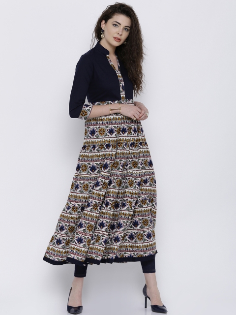 

Vishudh Women Navy & Off-White Printed Anarkali Kurta, Navy blue