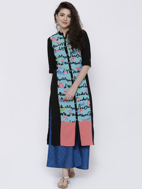 

Vishudh Women Black & Blue Printed Straight Kurta
