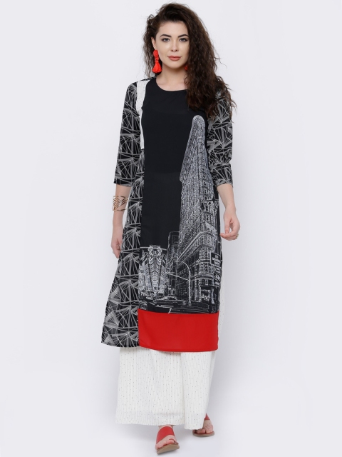 

Vishudh Women Black Printed Straight Kurta