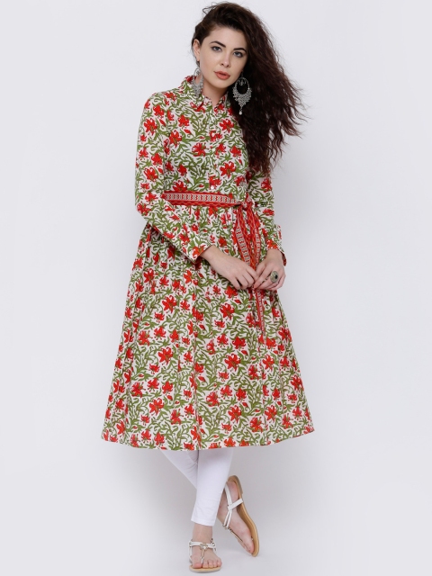 

Vishudh Women White & Orange Printed Anarkali Kurta