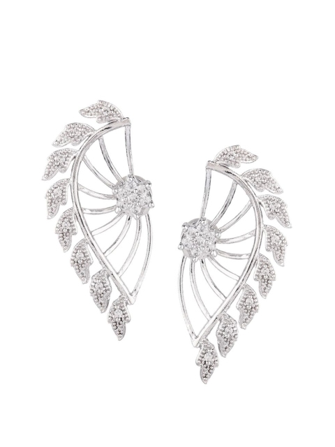 

Efulgenz White Rhodium-Plated Floral Cubic Zirconia Studded Jacket Earrings