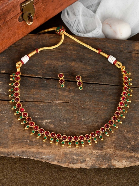 

AQUASTREET Red & Green Gold-Plated Stone-Studded Jewellery Set