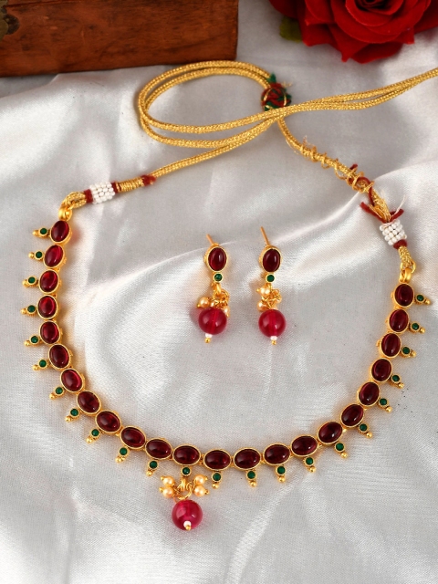 

AQUASTREET Gold-Plated Red & Green Stone-Studded & Pearl Beaded Jewellery Set