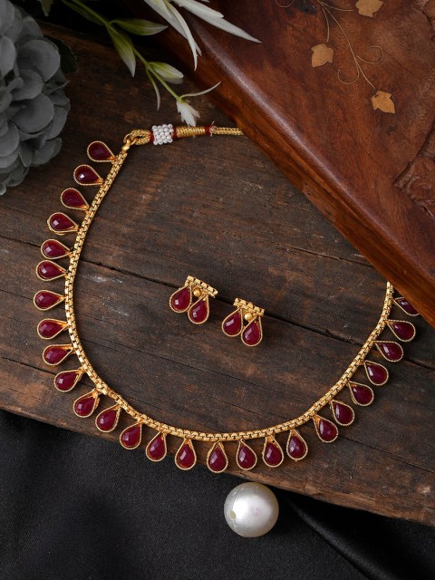 

AQUASTREET Gold-Plated Red Stone-Studded Jewellery Set