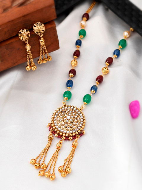

AQUASTREET Gold-Plated White & Green Stone-Studded & Beaded Jewellery Set