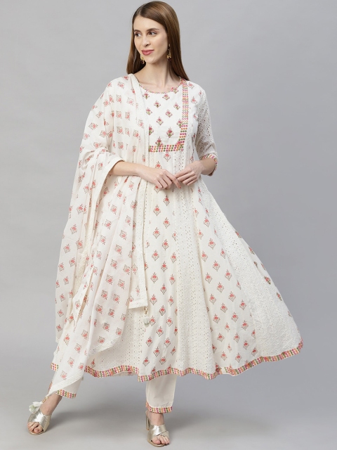 FASHOR Women Off White Floral Printed Panelled Kurta with Trousers & With Dupatta