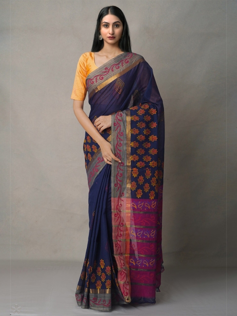 

Unnati Silks Blue & Pink Ethnic Motifs Zari Pure Cotton Mangalagiri Saree
