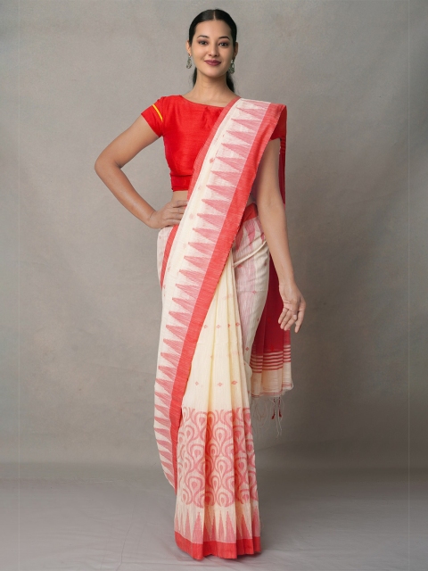

Unnati Silks White & Red Woven Design Pure Linen Jamdani Saree