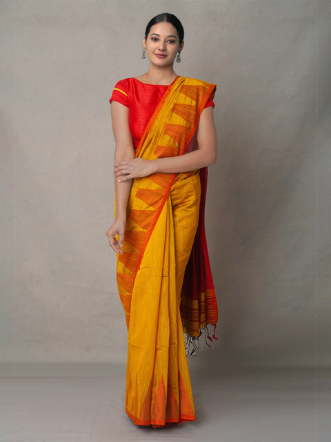 

Unnati Silks Women Orange & Red Woven Design Pure Linen Jamdani Saree