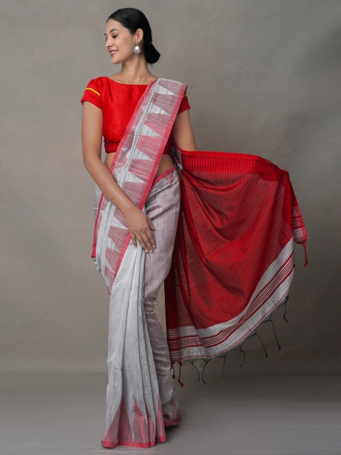 

Unnati Silks Women Grey & Red Woven Design Pure Linen Jamdani Saree