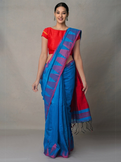 

Unnati Silks Pure Handloom Blue-Maroon Bengal Linen Saree