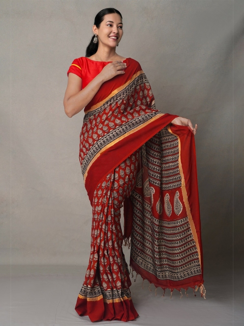 

Unnati Silks Red & Black Paisley Silk Blend Bagru Saree