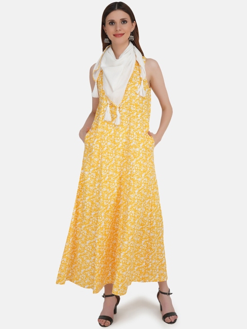 

KHWAABI Yellow and White Viscose Rayon Printed Tunic with Scaft
