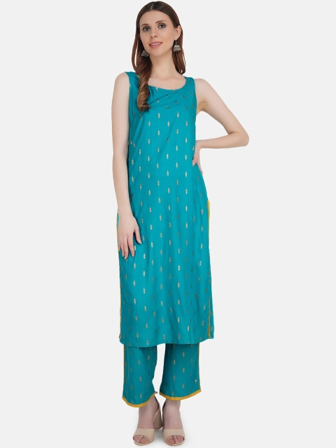 

KHWAABI Women Blue Geometric Printed Mirror Work Kurta