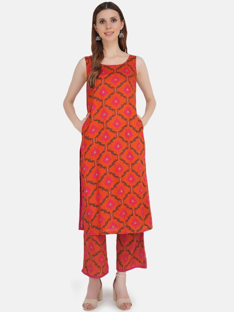 

KHWAABI Women Orange Floral Printed Straight Kurta