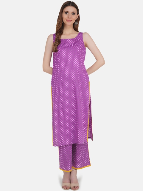 

KHWAABI Women Purple Polka Sleeveless Straight Kurta