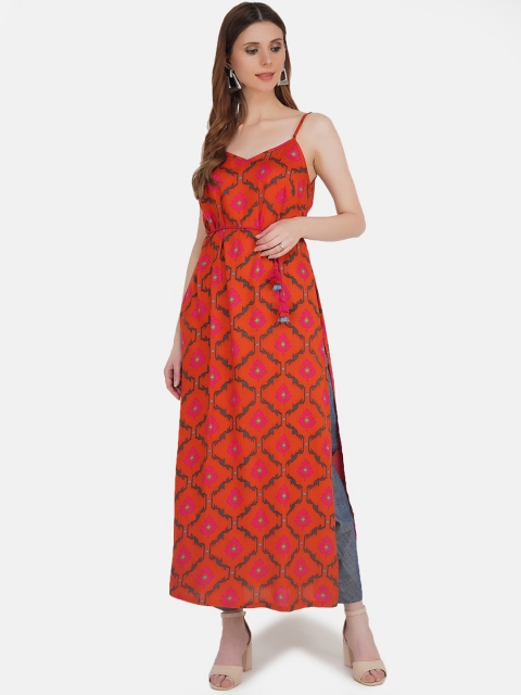 

KHWAABI Women Orange Bandhani Printed Strappy High Slit Kurta