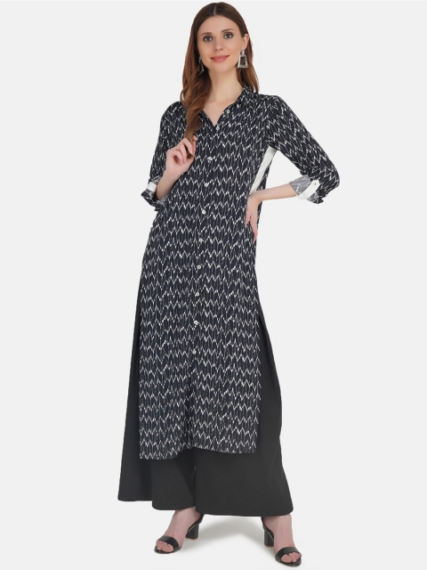 

KHWAABI Women Black & White Ethnic Motifs Ikat Printed Cotton Kurta