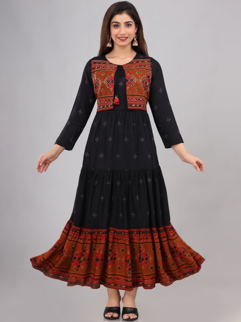 

FASHION DWAR Women Black & Brown Ethnic Motifs Ethnic Cotton Maxi Dress