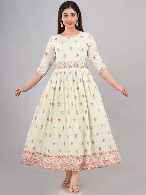

FASHION DWAR Green & Pink Floral Ethnic Maxi Dress