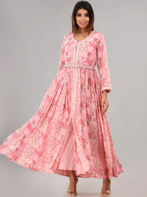 

FASHION DWAR Pink & White Floral Cotton Maxi Dress