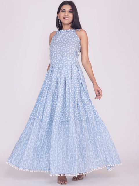 

FASHION DWAR Blue Floral Halter Neck Cotton Ethnic Maxi Dress