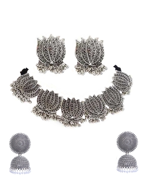 

Vembley of Traditional Silver Lotus Flower Jewellery Set and Dome Shape jhumki Earring