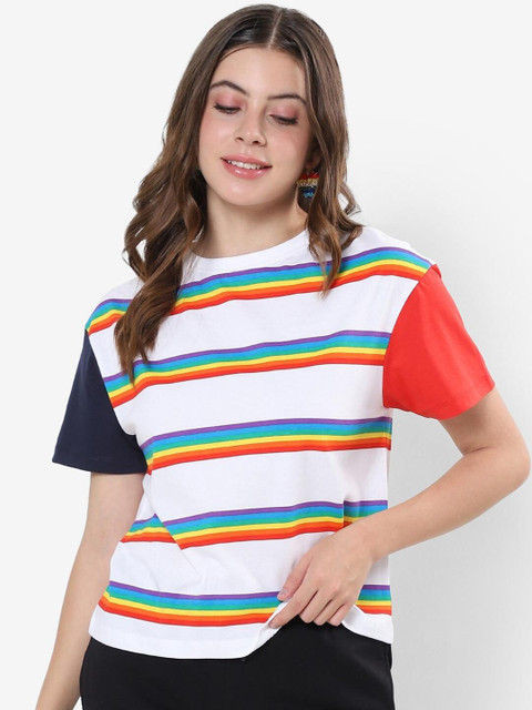 

Bewakoof Women White rainbow Striped T-shirt