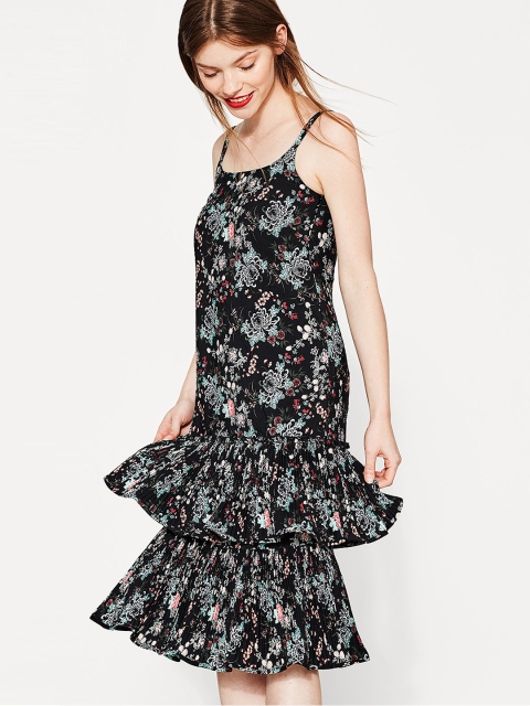

ESPRIT Women Black Printed Layered Midi Drop-Waist Dress