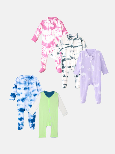 

Cuddles for Cubs Infants Kids Pack Of 5 Printed Cotton Sleepsuit, White
