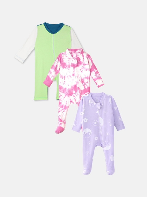 

Cuddles for Cubs Infant Kids Pack Of 3 Purple & Pink Printed Pure Cotton Sleepsuits