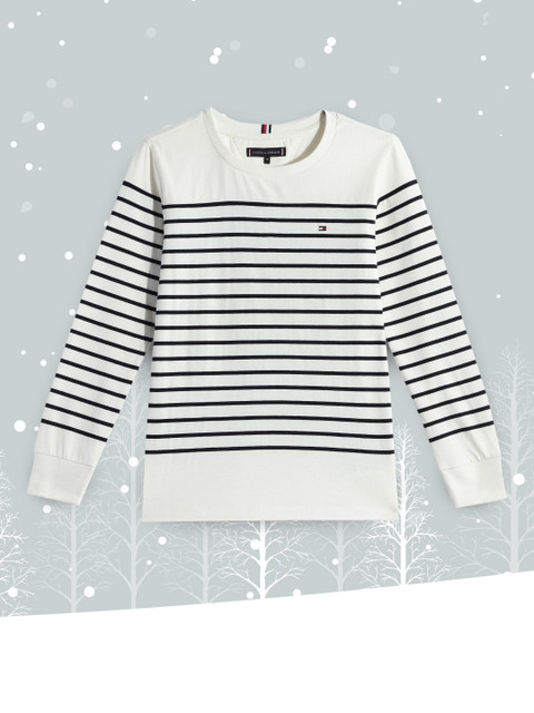 

Tommy Hilfiger Boys White & Navy Blue Striped Pure Cotton T-shirt