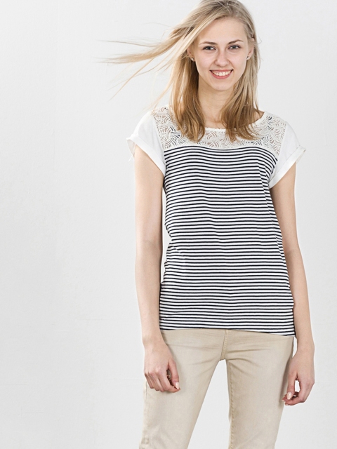 

ESPRIT Women White & Navy Striped Round Neck T-shirt