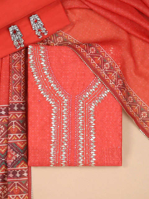 

Soch Orange & Silver-Toned Printed Unstitched Dress Material