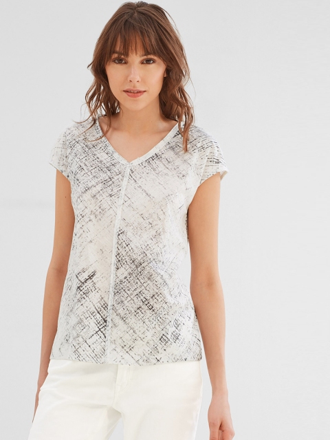 

ESPRIT Women Off-White & Grey Printed V-Neck T-shirt