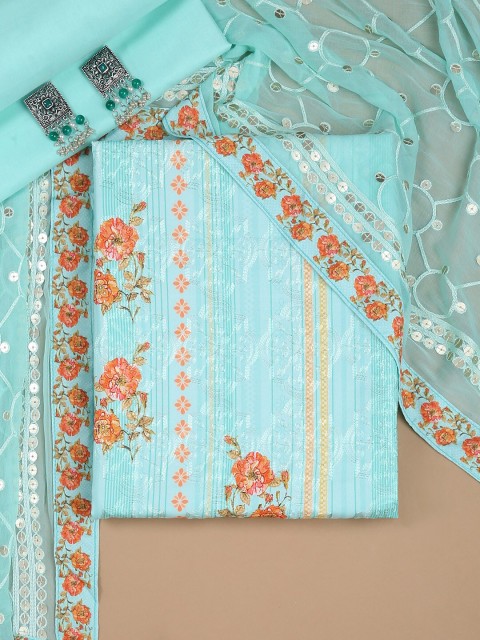 

Soch Women Teal Blue & Orange Printed & Embroidered Pure Cotton Unstitched Dress Material