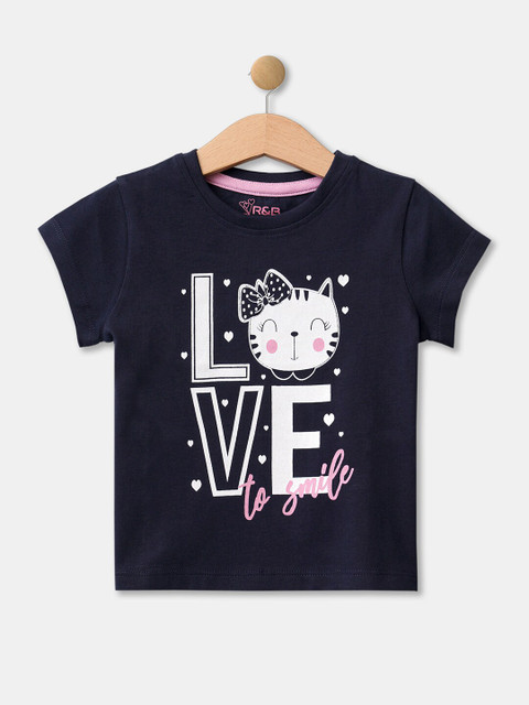 

R&B Kids-Girls Navy Blue Printed Raw Edge T-shirt