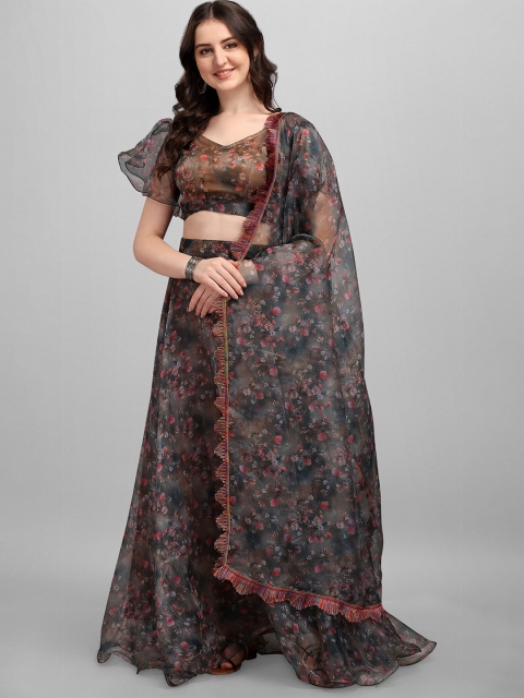 

Fashionuma Brown Printed Ready to Wear Lehenga & Unstitched Blouse With Dupatta