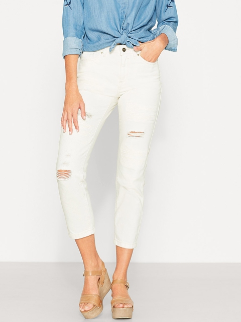 

ESPRIT Women Cream-Coloured Mid-Rise Slash Knee Cropped Jeans