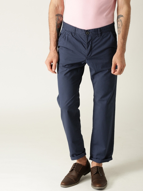 

ESPRIT Men Navy Straight Fit Casual Trousers, Navy blue