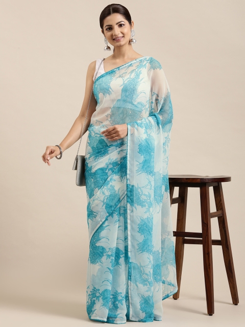 

Pothys White & Turquoise Blue Floral Pure Chiffon Saree