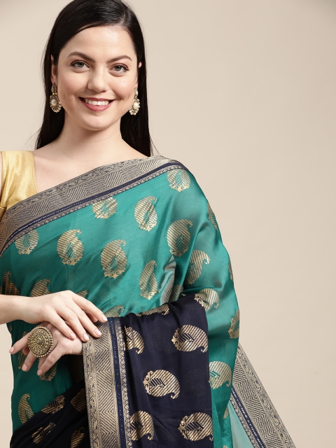 

Pothys Blue & Gold-Toned Woven Design Paisley Pure Chiffon Saree