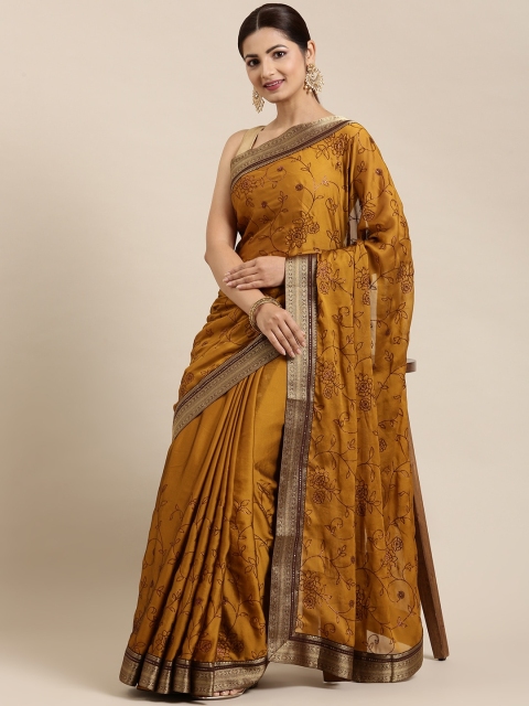 

Pothys Mustard Floral Sequinned Pure Chiffon Saree