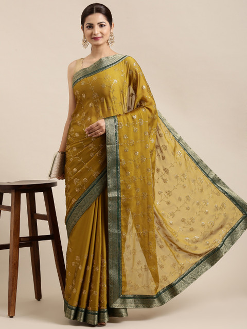 

Pothys Mustard & Green Floral Sequinned Pure Chiffon Saree