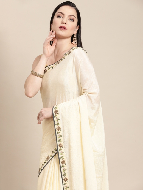 

Pothys Off White Beads and Stones Embellished Pure Chiffon Saree